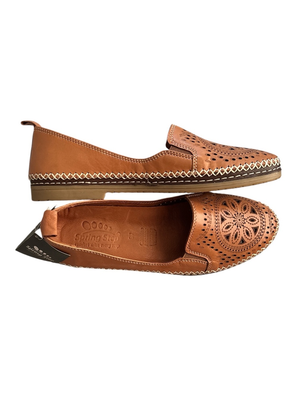 Spring Step Ingrid Camel Brown Leather Laser Cut Perforated Slip On Loafers 37 - Picture 4 of 8